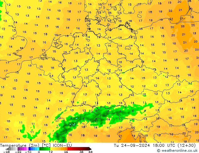 Temperatura (2m) ICON-EU mar 24.09.2024 18 UTC