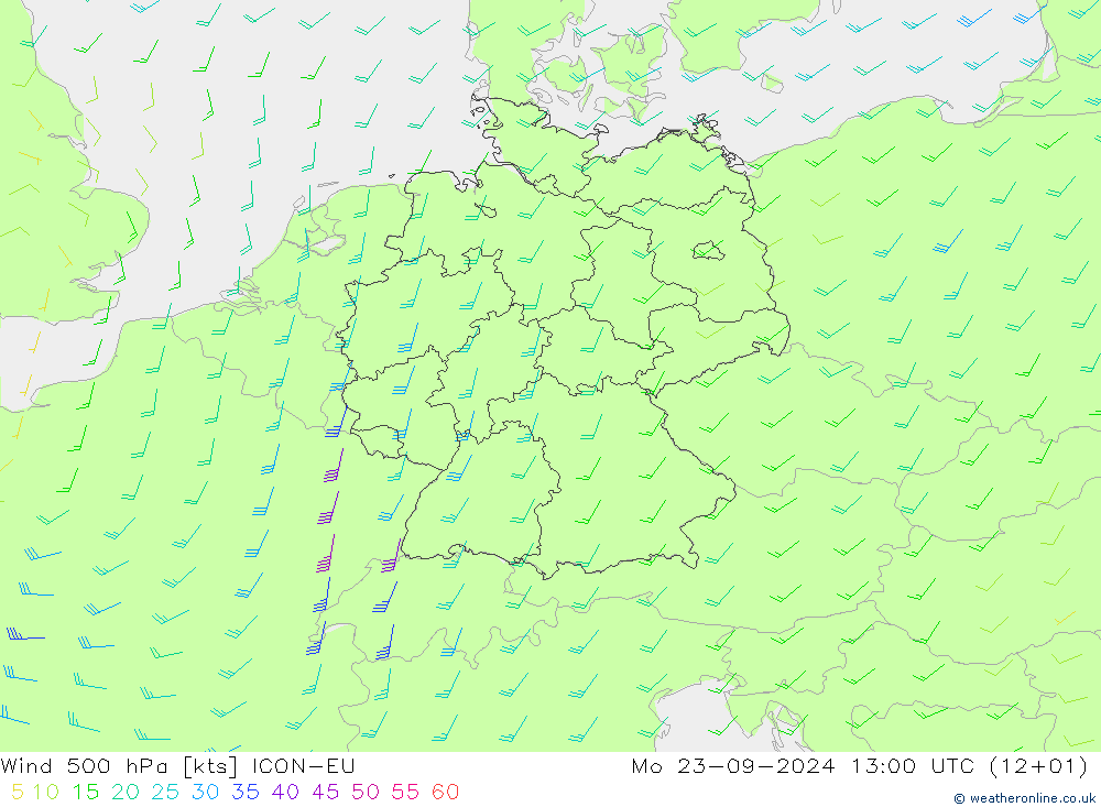 Vento 500 hPa ICON-EU lun 23.09.2024 13 UTC