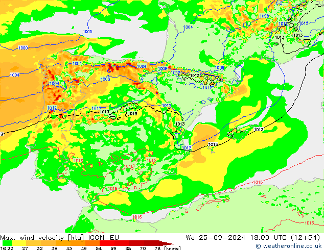 Max. wind snelheid ICON-EU wo 25.09.2024 18 UTC