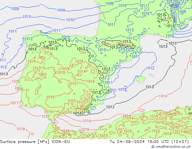 Surface pressure ICON-EU Tu 24.09.2024 15 UTC