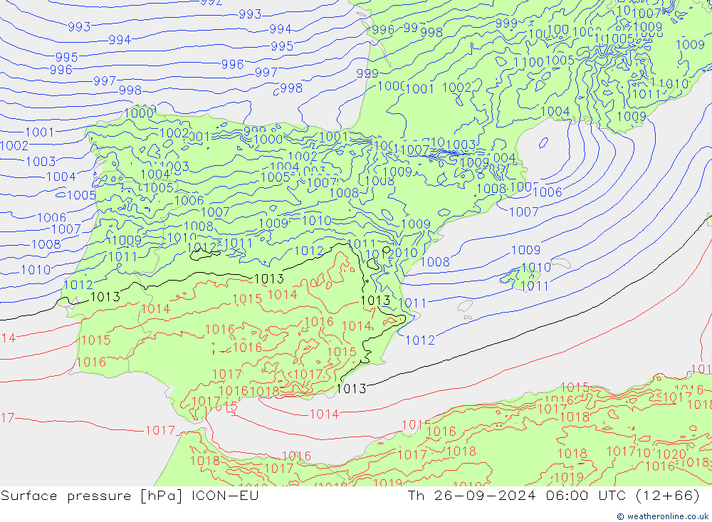 Pressione al suolo ICON-EU gio 26.09.2024 06 UTC