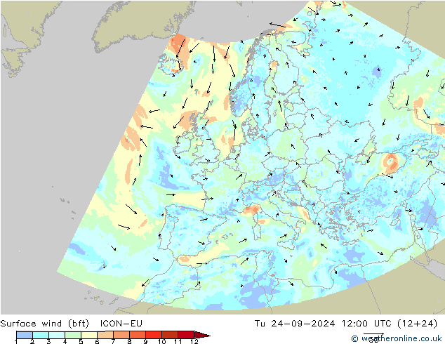 Bodenwind (bft) ICON-EU Di 24.09.2024 12 UTC