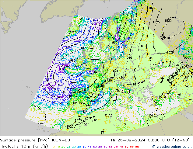 Isotachs (kph) ICON-EU Th 26.09.2024 00 UTC