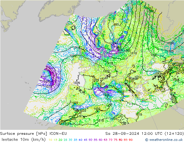 Isotachs (kph) ICON-EU Sa 28.09.2024 12 UTC