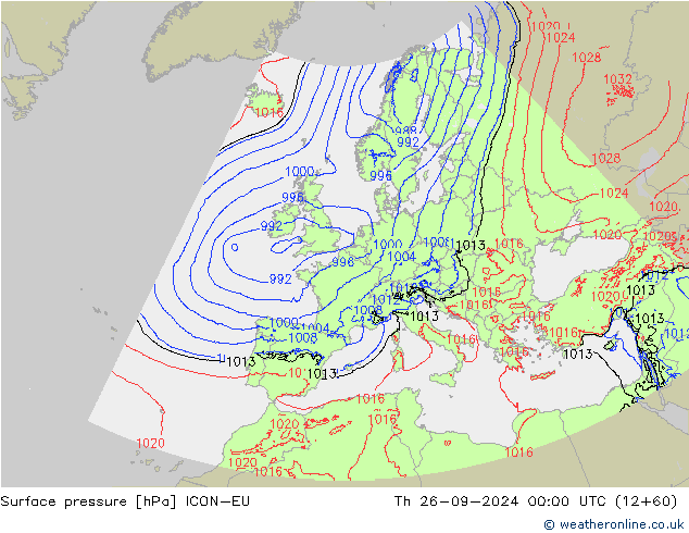 Surface pressure ICON-EU Th 26.09.2024 00 UTC