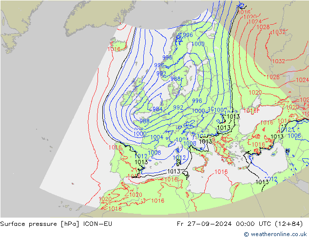 Surface pressure ICON-EU Fr 27.09.2024 00 UTC