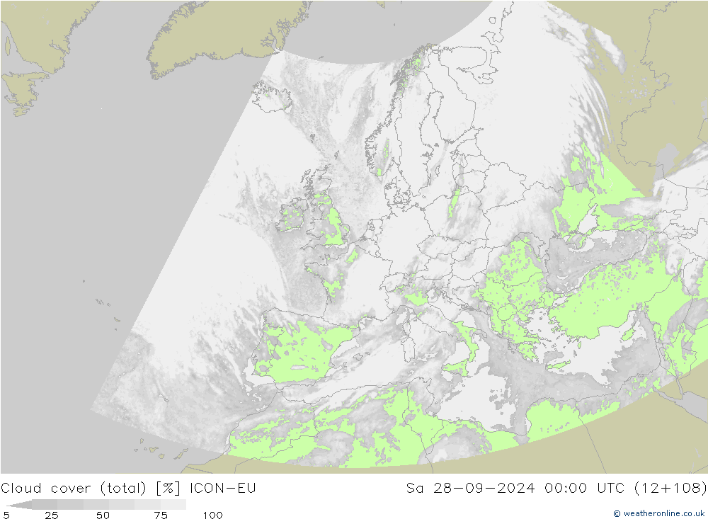 nuvens (total) ICON-EU Sáb 28.09.2024 00 UTC