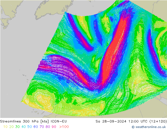 Streamlines 300 hPa ICON-EU So 28.09.2024 12 UTC