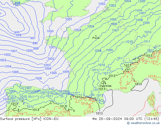 Presión superficial ICON-EU mié 25.09.2024 09 UTC