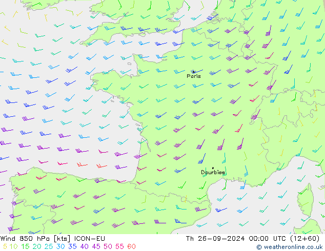 Vento 850 hPa ICON-EU Qui 26.09.2024 00 UTC