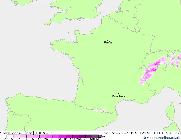 Snow accu. ICON-EU  28.09.2024 12 UTC