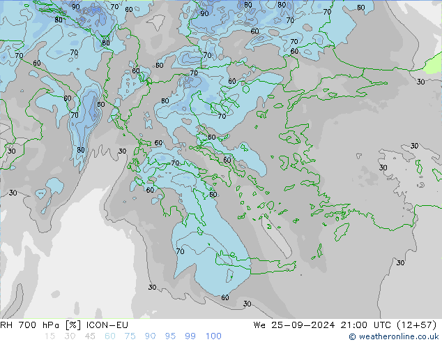 RH 700 hPa ICON-EU We 25.09.2024 21 UTC