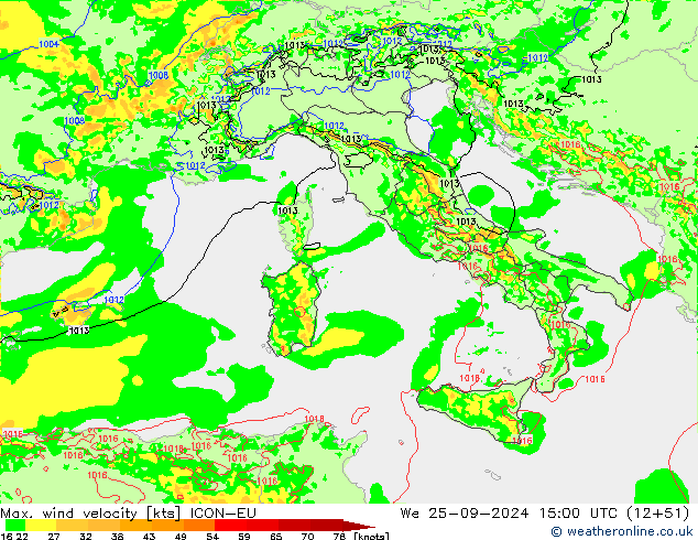 Max. wind velocity ICON-EU Qua 25.09.2024 15 UTC