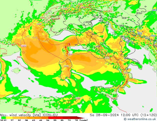 Max. wind velocity ICON-EU Sa 28.09.2024 12 UTC