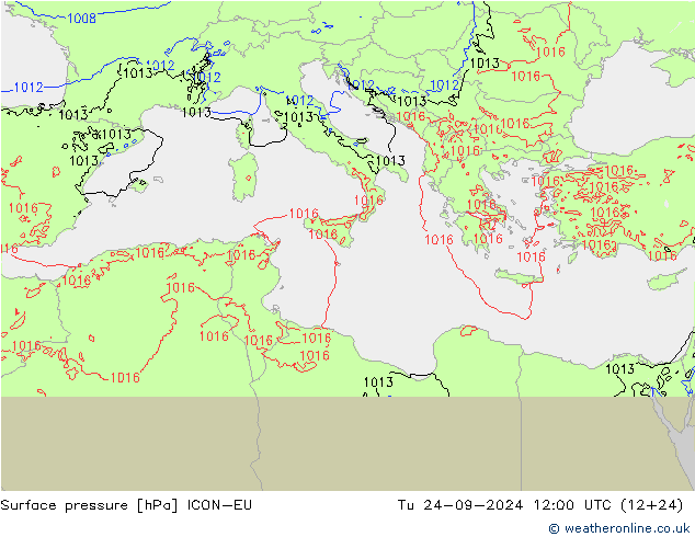 Surface pressure ICON-EU Tu 24.09.2024 12 UTC