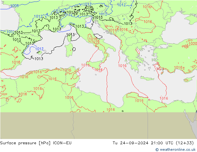 Atmosférický tlak ICON-EU Út 24.09.2024 21 UTC