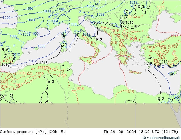 Presión superficial ICON-EU jue 26.09.2024 18 UTC