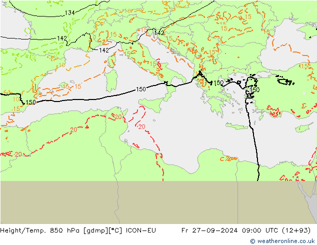 Geop./Temp. 850 hPa ICON-EU vie 27.09.2024 09 UTC