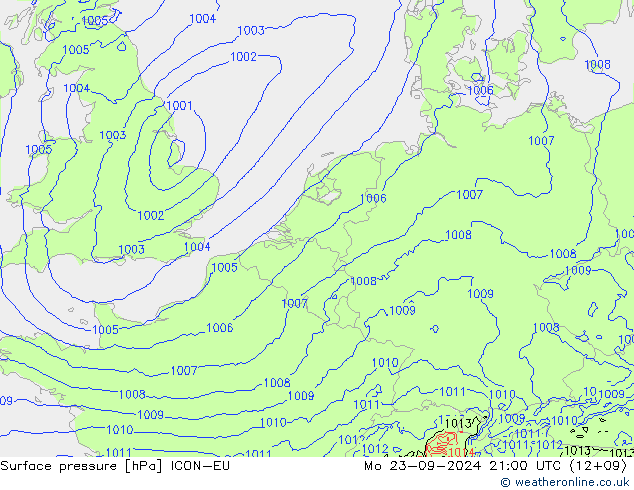 Surface pressure ICON-EU Mo 23.09.2024 21 UTC