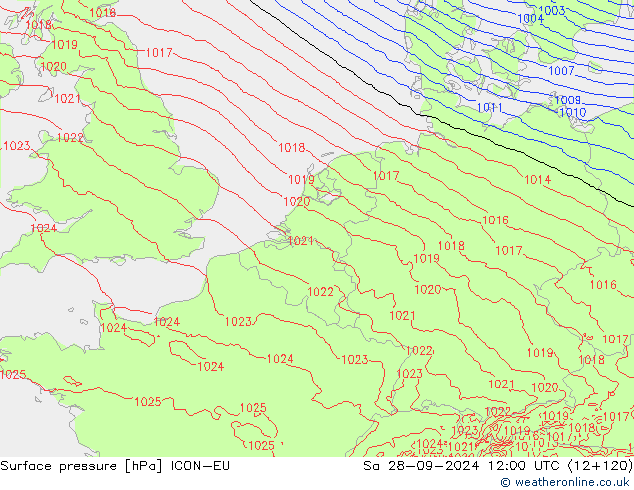 Surface pressure ICON-EU Sa 28.09.2024 12 UTC