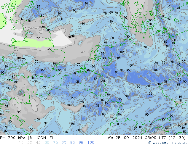 Humidité rel. 700 hPa ICON-EU mer 25.09.2024 03 UTC