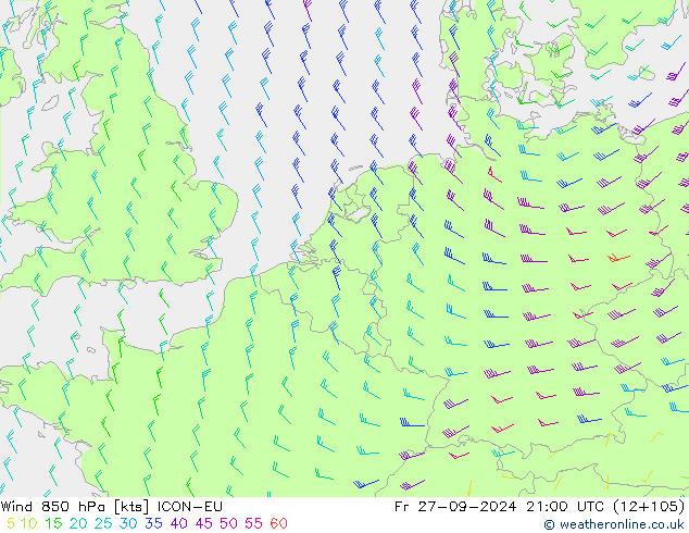 Vento 850 hPa ICON-EU ven 27.09.2024 21 UTC