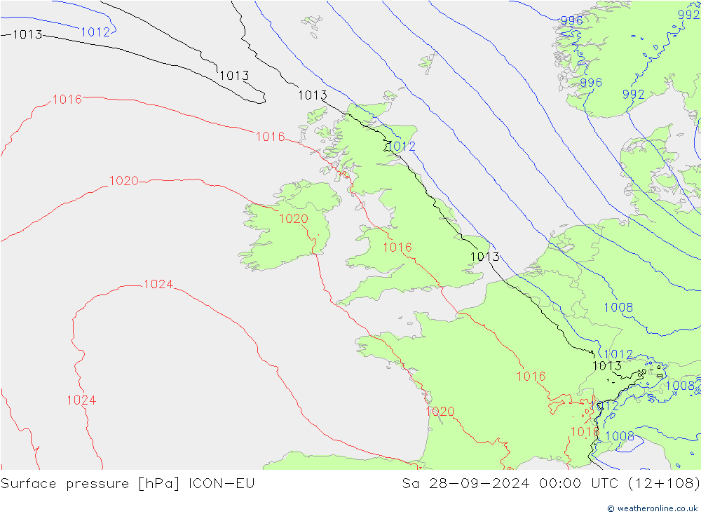 Surface pressure ICON-EU Sa 28.09.2024 00 UTC