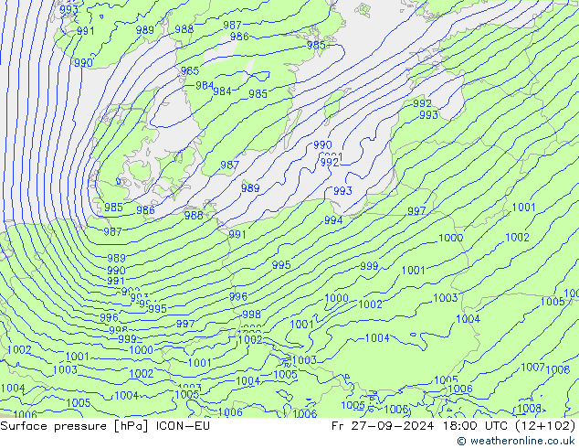 Surface pressure ICON-EU Fr 27.09.2024 18 UTC