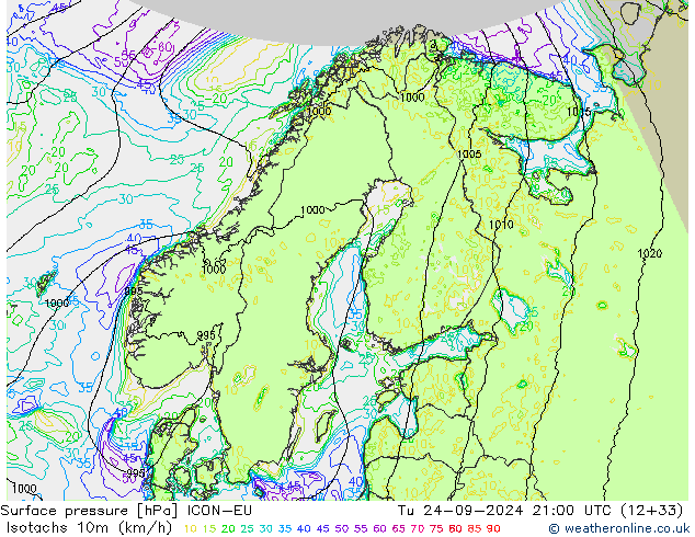 Isotachs (kph) ICON-EU Út 24.09.2024 21 UTC