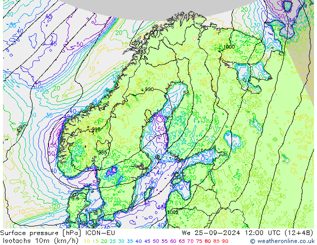 Isotachen (km/h) ICON-EU Mi 25.09.2024 12 UTC