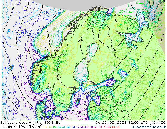 Isotaca (kph) ICON-EU sáb 28.09.2024 12 UTC