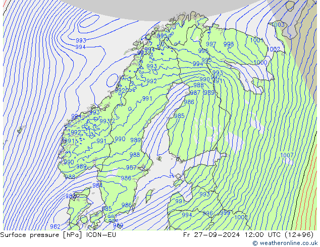 Atmosférický tlak ICON-EU Pá 27.09.2024 12 UTC