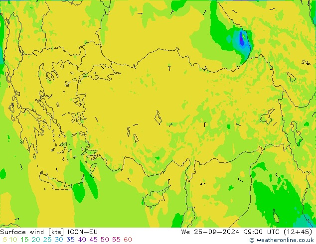 Vento 10 m ICON-EU mer 25.09.2024 09 UTC