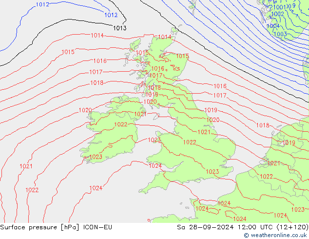 Surface pressure ICON-EU Sa 28.09.2024 12 UTC