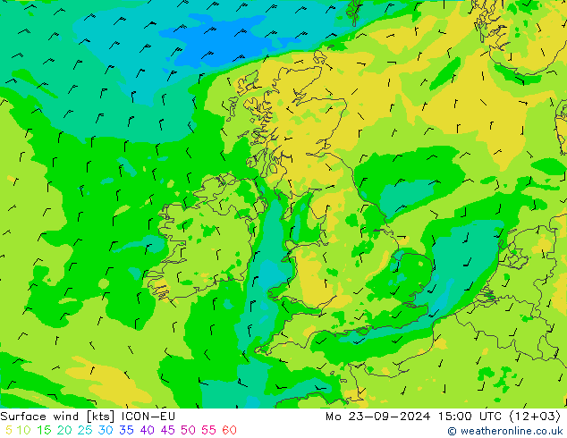 Surface wind ICON-EU Mo 23.09.2024 15 UTC