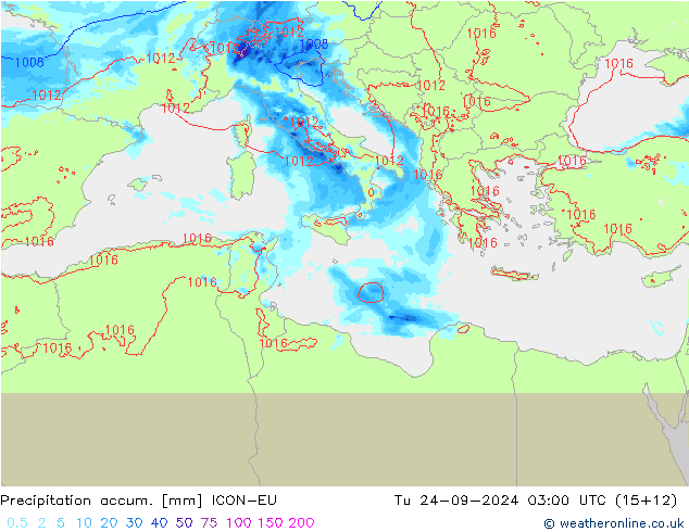 Precipitation accum. ICON-EU Út 24.09.2024 03 UTC