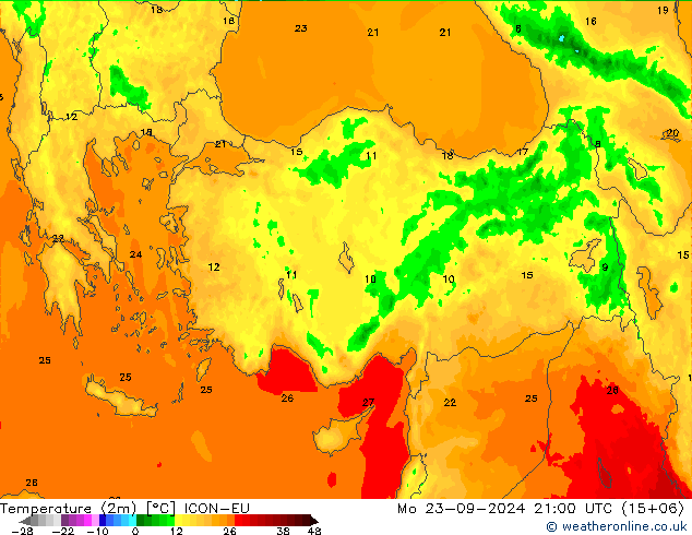 Temperature (2m) ICON-EU Mo 23.09.2024 21 UTC