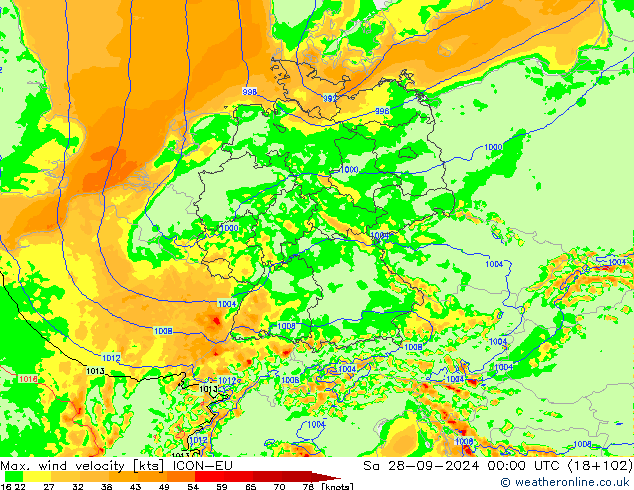 Max. wind velocity ICON-EU Sa 28.09.2024 00 UTC