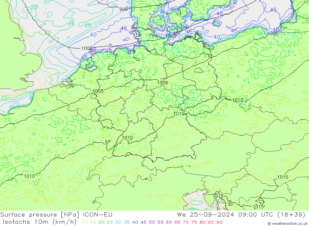 Isotachs (kph) ICON-EU Qua 25.09.2024 09 UTC