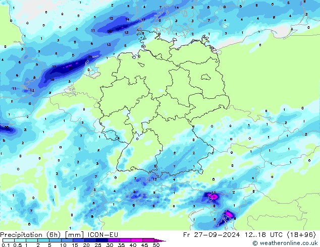 Precipitação (6h) ICON-EU Sex 27.09.2024 18 UTC