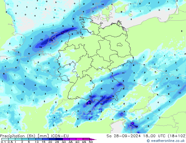 Precipitazione (6h) ICON-EU sab 28.09.2024 00 UTC