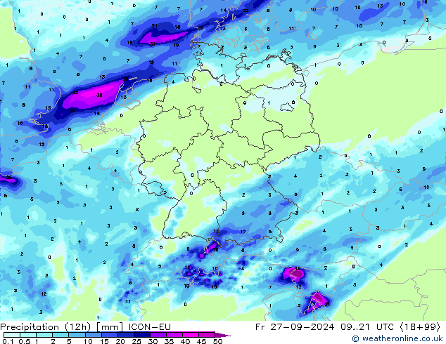 Precipitation (12h) ICON-EU Fr 27.09.2024 21 UTC