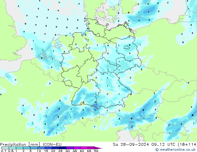 Srážky ICON-EU So 28.09.2024 12 UTC