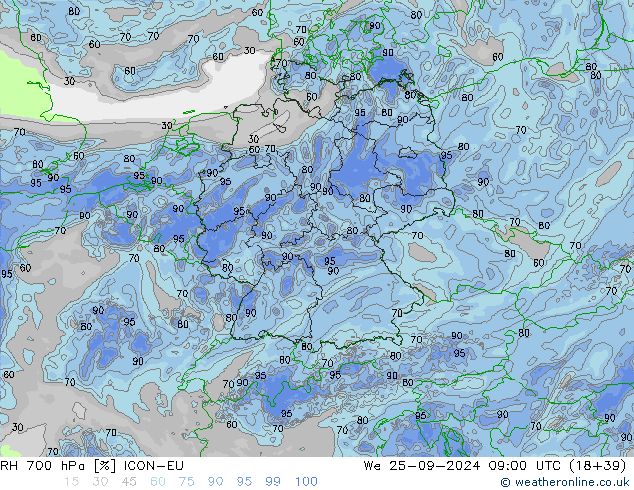 Humedad rel. 700hPa ICON-EU mié 25.09.2024 09 UTC