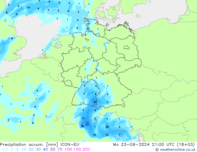 Precipitation accum. ICON-EU Mo 23.09.2024 21 UTC