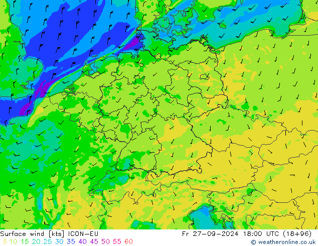 Surface wind ICON-EU Pá 27.09.2024 18 UTC