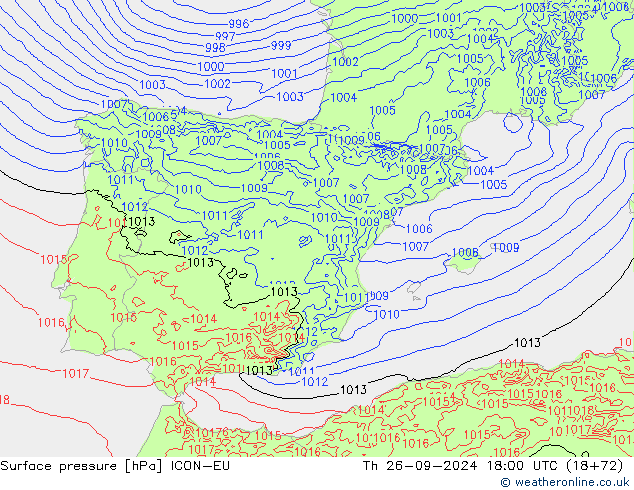 Surface pressure ICON-EU Th 26.09.2024 18 UTC