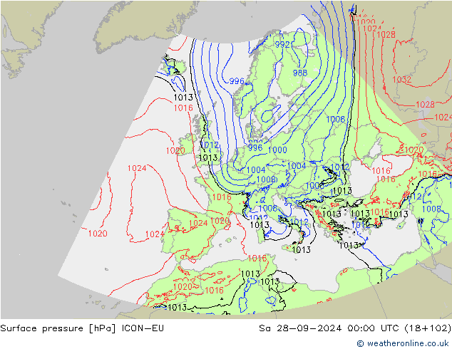 Surface pressure ICON-EU Sa 28.09.2024 00 UTC