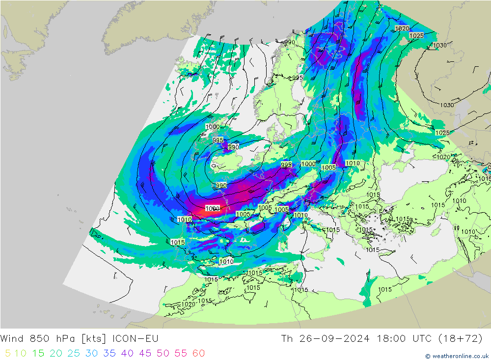 Wind 850 hPa ICON-EU Th 26.09.2024 18 UTC