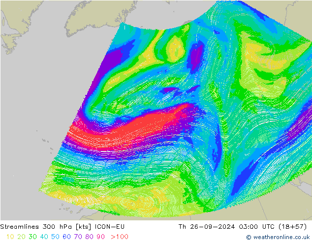 Streamlines 300 hPa ICON-EU Th 26.09.2024 03 UTC